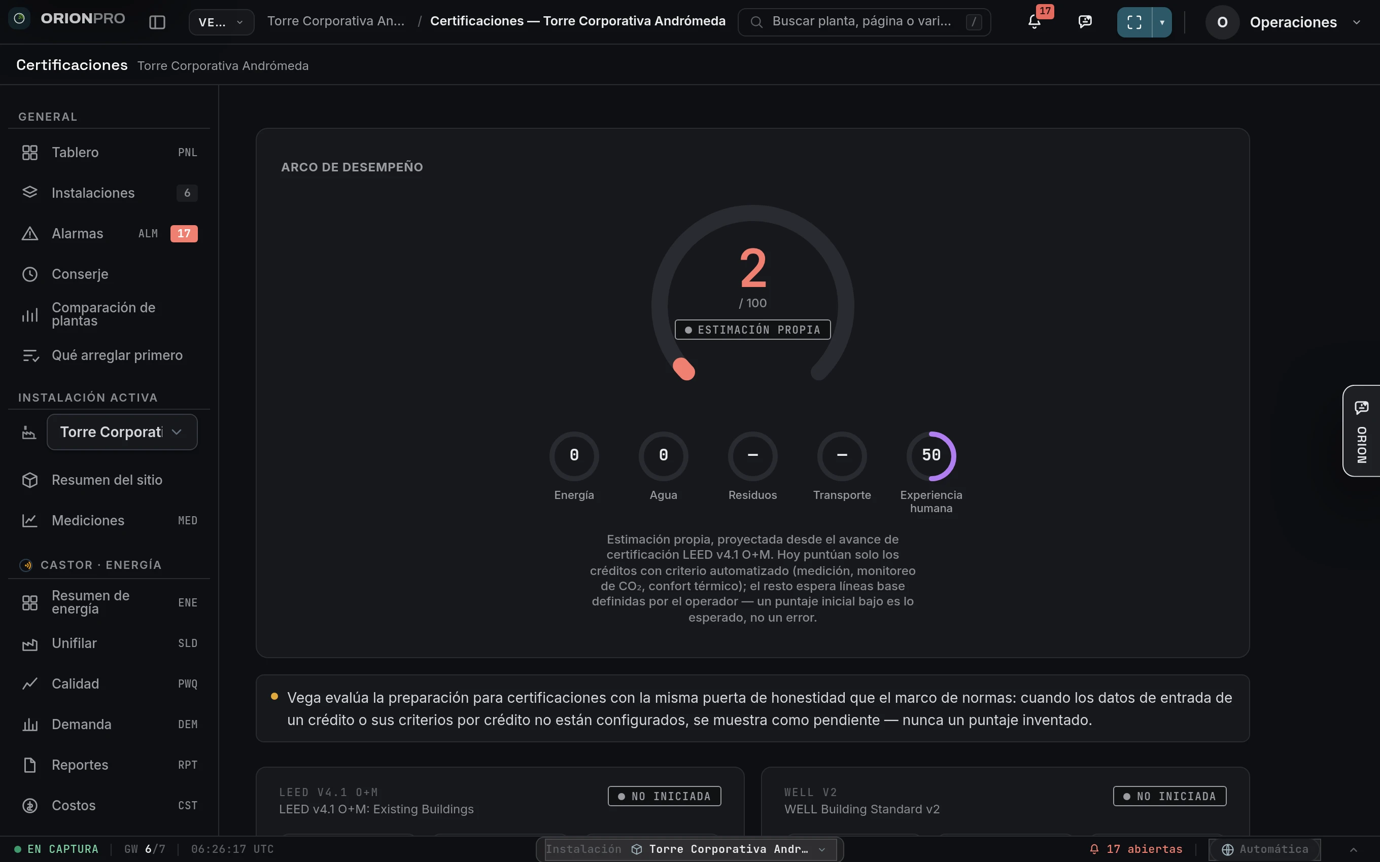Preparación LEED y WELL puntuada desde telemetría.